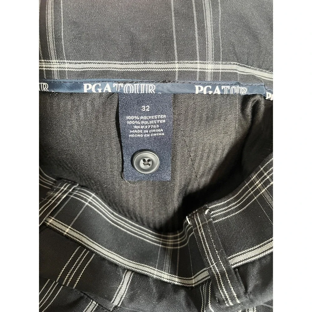 PGA TOUR Mens Plaid Golf Shorts Flat Front Sz 32 Black White Polyester